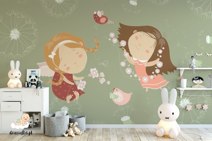 Wall mural “Merry Angels” wesołe aniołki zbierają kwiaty - fototapeta dla dzieci