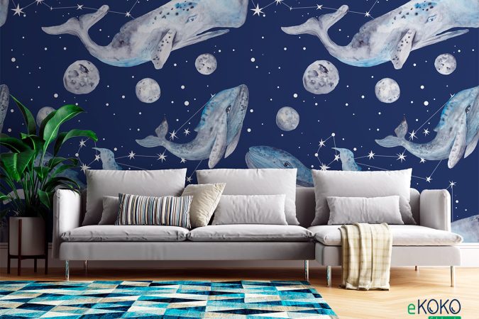 Fototapeta “Gwiezdny ocean” wieloryby na tle gwieździstego nieba - fototapeta