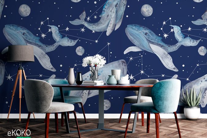 Fototapeta “Gwiezdny ocean” wieloryby na tle gwieździstego nieba - fototapeta