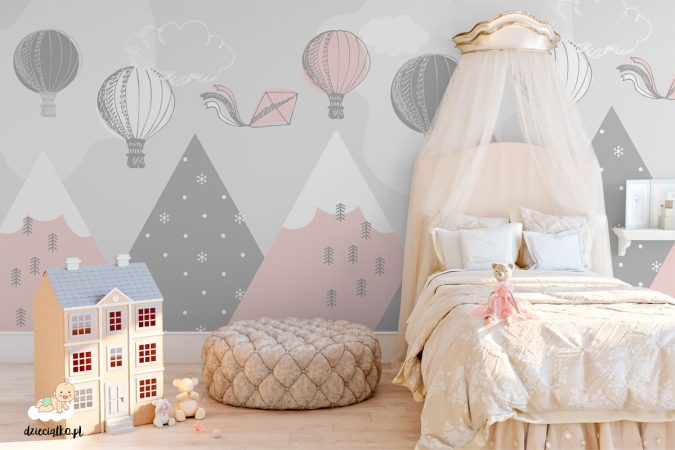 kolorowe balony unoszą się nad górami - fototapeta dla dzieci