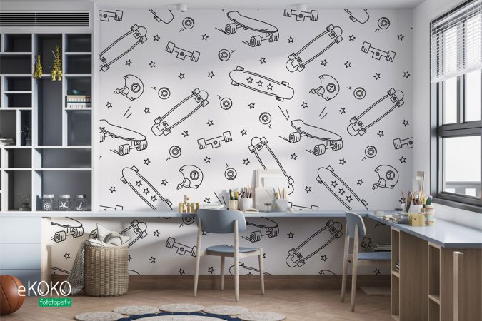Fototapeta “Deskorolki” wzór deskorolki koła kaski na białym tle - fototapeta dla młodzieży