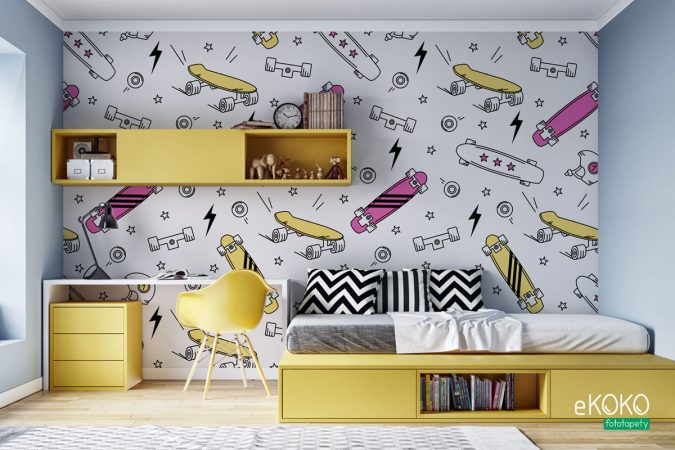 Fototapeta “Deskorolki” wzór deskorolki koła kaski na białym tle - fototapeta dla młodzieży