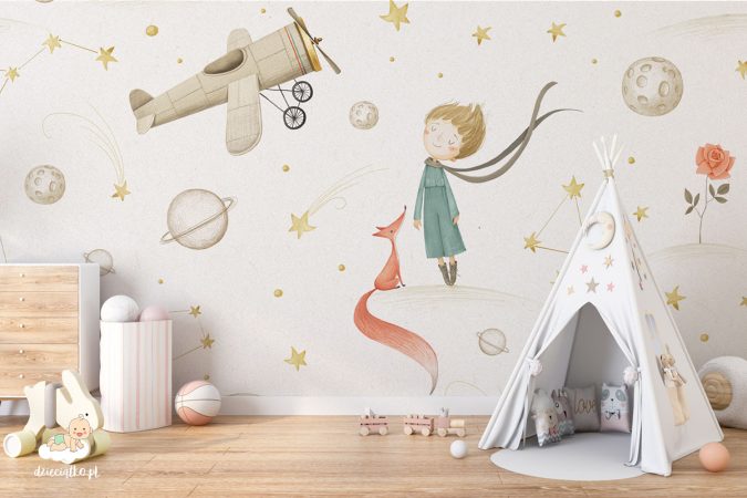 Fototapeta “Mały Książę” chłopiec, czerwony lis, samolot na tle planet i gwiazd – fototapeta dla dzieci