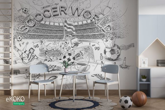 Fototapeta “Świat Piłki Nożnej” rysunek elementów związanych z piłką nożną na tle stadionu – fototapeta dla młodzieży