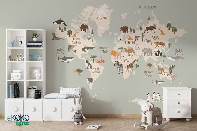 Fototapeta “Mapa ze zwierzętami” mapa ze zwierzętami na pistacjowym tle – fototapeta dla dzieci